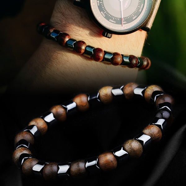 Bracelet magnétique Hématite et perles de Bois