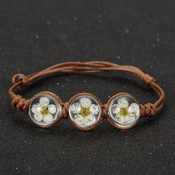 Magnifique Bracelet Nature et Zen, orné de 3 boules en cristal renfermant de véritables fleurs