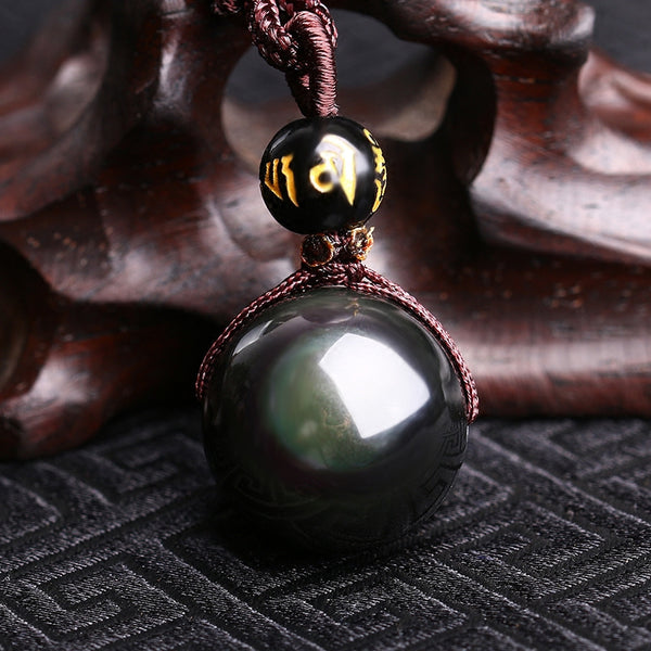 lithothérapie, Magnifique collier pendentif bijou sculpté en Obsidienne, œil céleste arc-en-ciel.